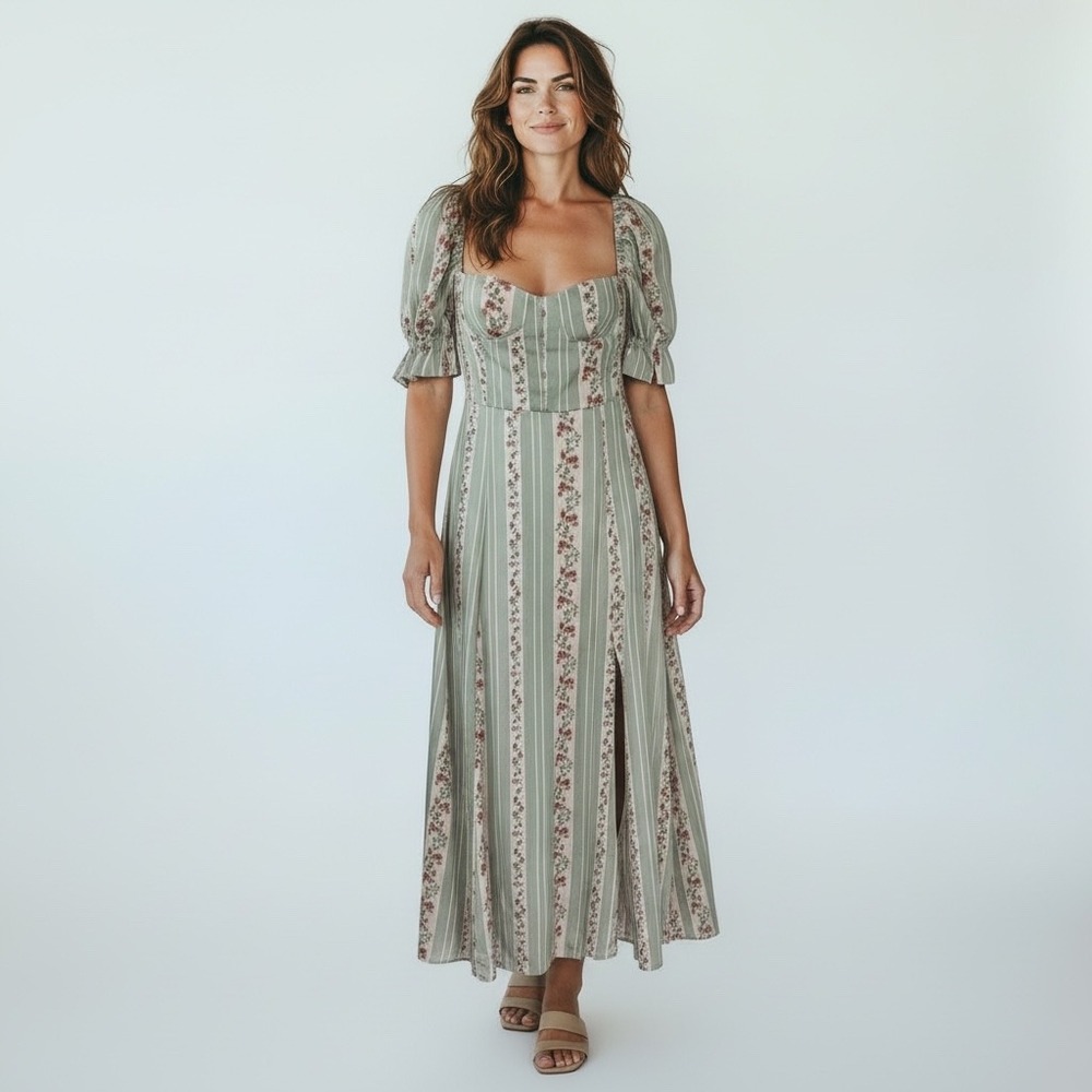 We Wore What Rosewood Puff Sleeve‎ Victorian Floral Stripe Midi Dress Size 2